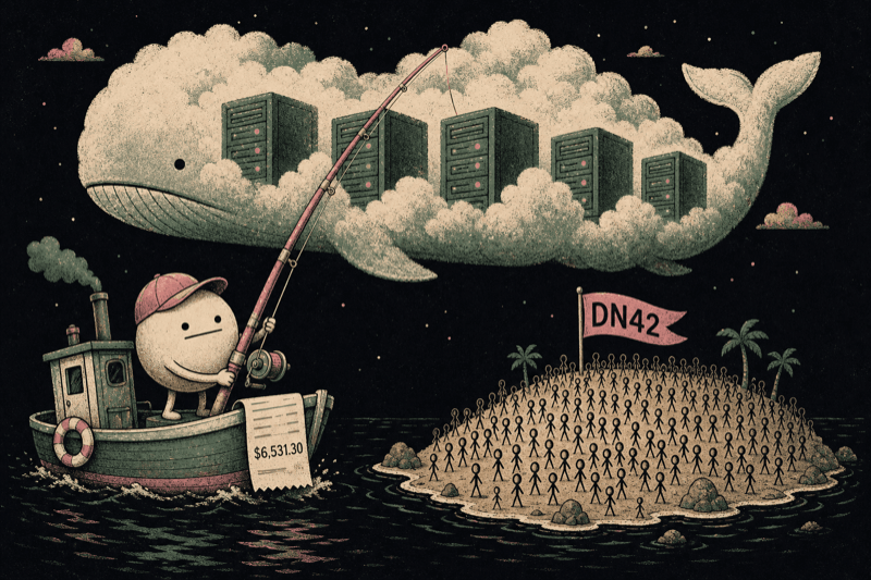 Ilustración editorial: mascota en un bote pescando una nube AWS con forma de ballena