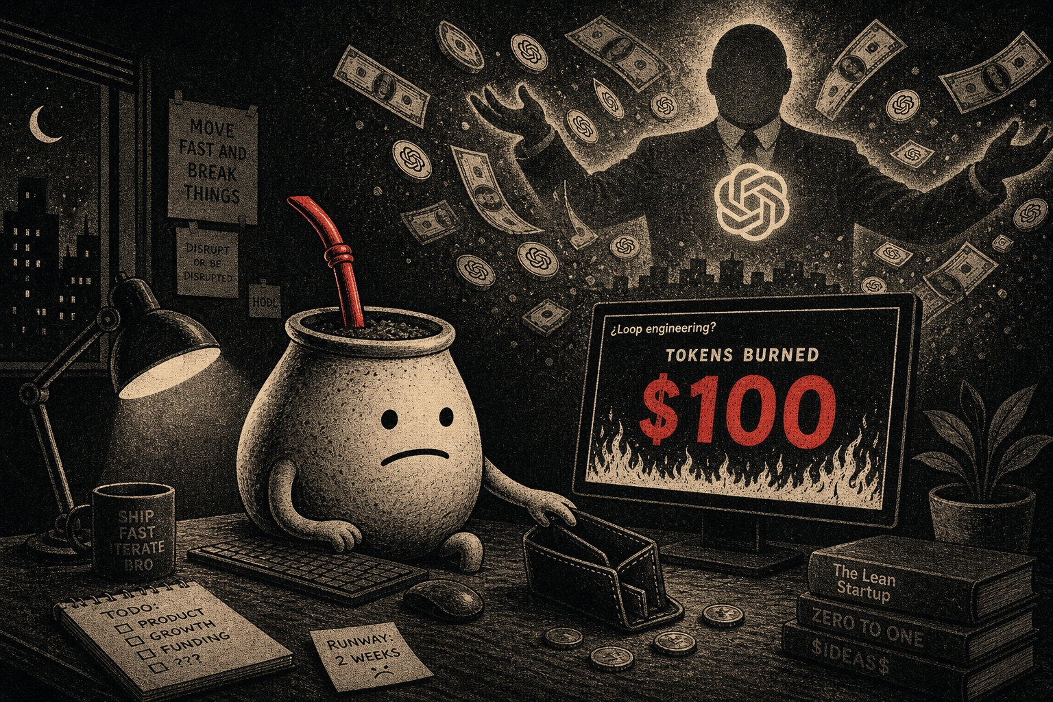 Ilustración editorial: Matio frente a una computadora mostrando tokens quemados, contrastado con la figura gigante de quien no paga la cuenta